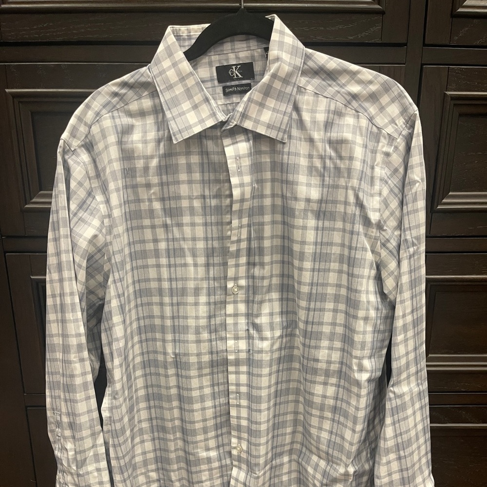 Calvin Klein Men's White and Gray Plaid Dress Shirt